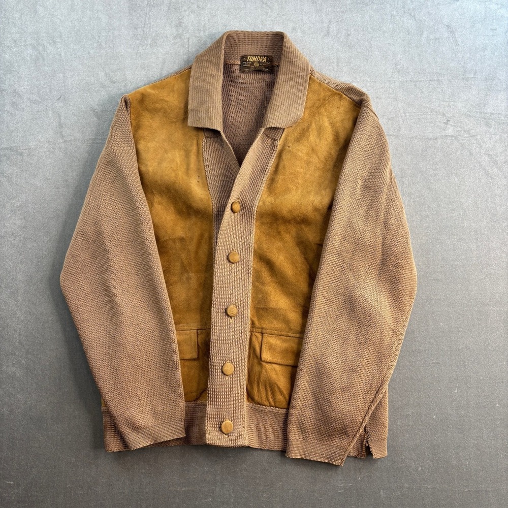 VTG‎ Tundra Leather Knit Cardigan Sweater Jacket Mens Size M Brown